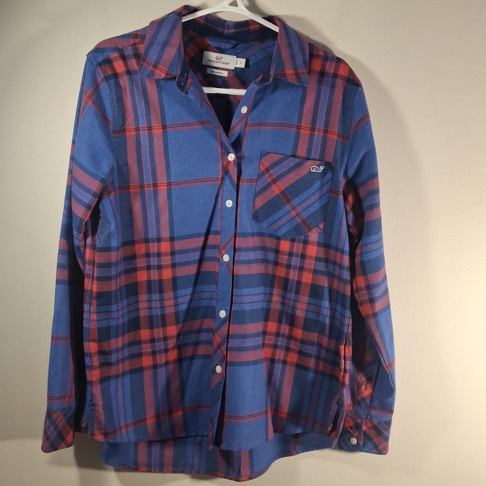 Vineyard Vines Women's Blue & Red Plaid Button Down Flannel Shirt Size 4